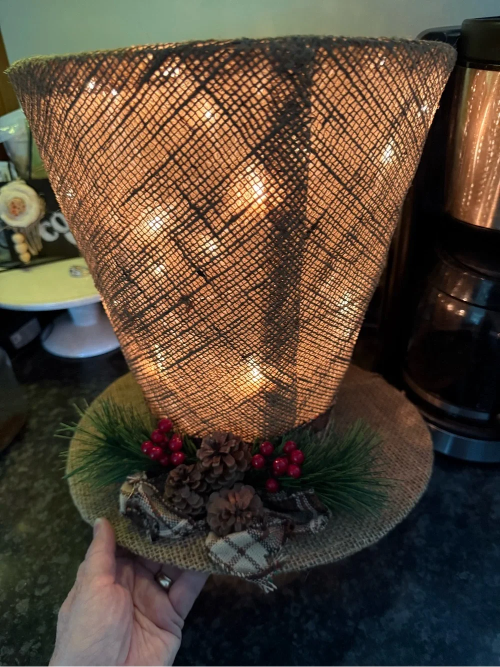 Burlap Holiday Top Hat Decoration with Pinecones & Red Berries